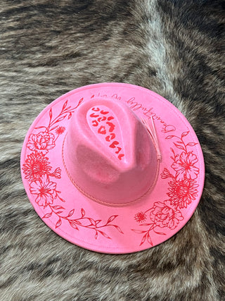 Engraved Floral Felt Hat - Ivory & Bubble Gum