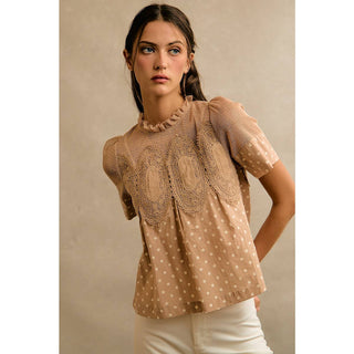 Polka Dot Print Lace Trim Short Sleeve Cotton Blouse Top