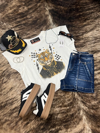 Tiger Mascot Distressed Rhinestone Terry Cloth Crop Tee