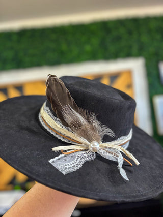 Custom Black Wide Brim Hat with Lace Band & Pearl Detail – Adjustable Western Statement Hat
