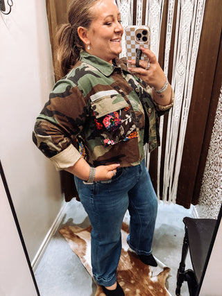 Camo Sequin Contrast Cropped Jacket