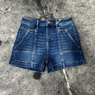 Risen High Rise Decorative Seam Shorts — Dark