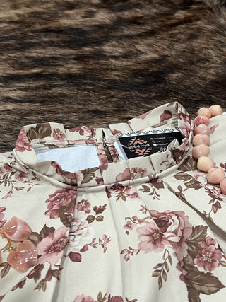 High Neck Back Button Floral Woven Top