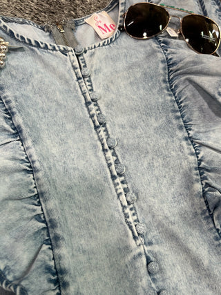 Washed Denim Ruffled Button Detail Romper