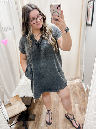 Black Washed Gauze Raw Edge V-neck Dress