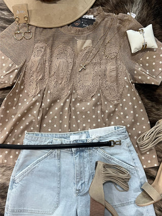 Polka Dot Print Lace Trim Short Sleeve Cotton Blouse Top