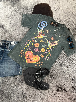 Hummingbirds & Flowers Mineral Wash Tee