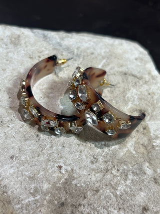 Tortoise Shell Crystal Stone Hoop Earrings