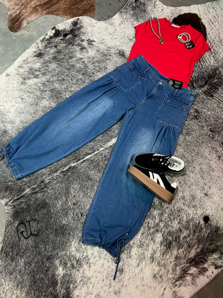 Curvy ankle drawstring wide leg jeans