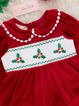 Baby girl red velvet smocked holly bloomers outfit, photo 4