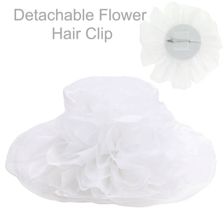 Wide Brim Organza Hat with Detachable Floral Fascinator Clip