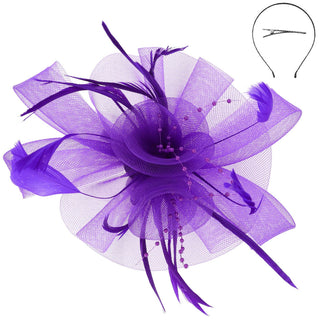 Feather & Double Floral Mesh Fascinator Headband/Clip