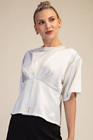 Cream Waist Detail Fitted Short Sleeve Top