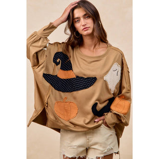 Oversized camel Halloween patchwork French terry sweatshirt, front view