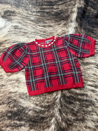 Red Plaid Rhinestone Snowflake Trim Scalloped Christmas Sweater