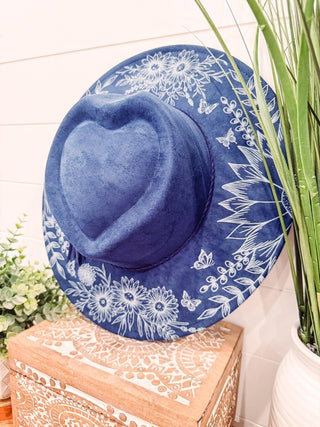 Floral print heart hat in vegan suede, charcoal and black options