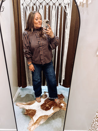 Navy and brown stripe puff sleeve button down blouse with gathered yoke, photo 1