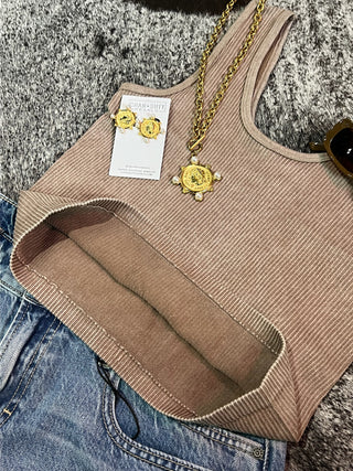 Mocha Mineral Wash Rib Tank Top