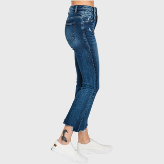 Dark wash crop bootcut jeans, styled outfit view