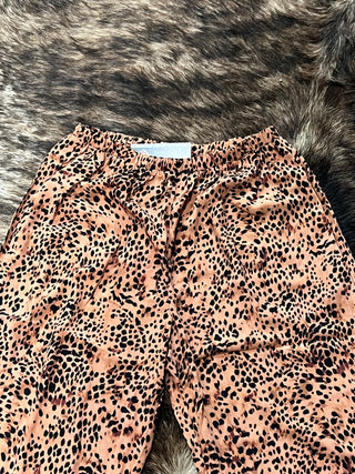 Leopard Print Eyelash Lace Trim Wide Leg Pants - Mocha