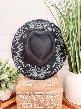 Floral print heart hat in vegan suede, charcoal and black options