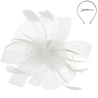 Feather & Double Floral Mesh Fascinator Headband/Clip