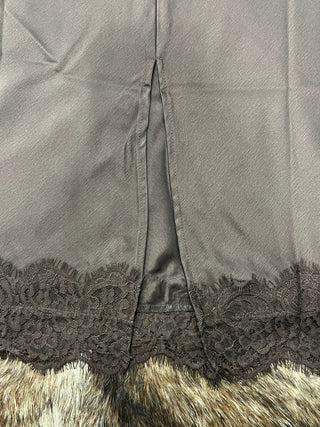 Satin Lace Hem Back Slit Pencil Midi Skirt