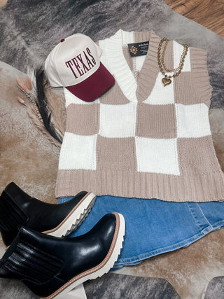 Taupe checkered sweater vest