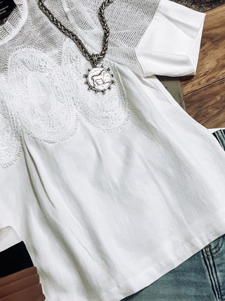 Lace trim short sleeve blouse top