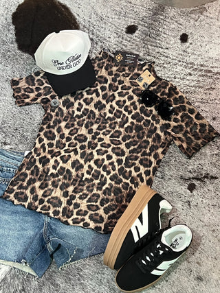 High Neck Leopard Mesh Short Sleeve Top