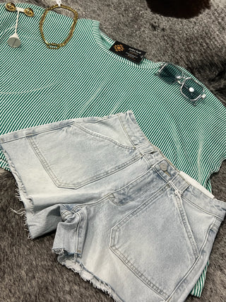 High Rise Patch Pocket Denim Shorts with Frayed Hem