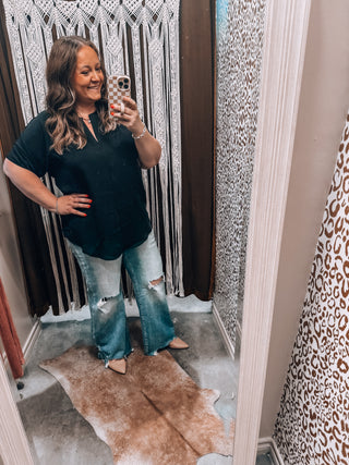 Black Woven Split Neck Top