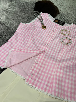 Gingham Lace Trim Button Down Vest Top