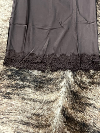 Satin Lace Hem Back Slit Pencil Midi Skirt