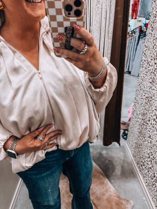 Chic Cream Pleated Bomber Jacket