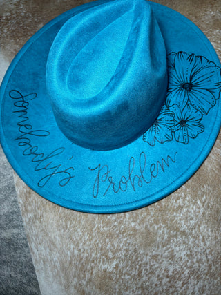 Morgan Turquoise Floral Burned Wide Brim Hat