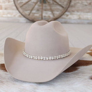 Silver rhinestone bling hat band The Kate on a tan cowboy hat, photo 1