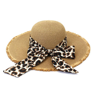 Fur Edge Leopard Ribbon Round Top Straw Hat