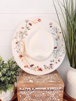Floral print heart hat in vegan suede, beige and ivory options