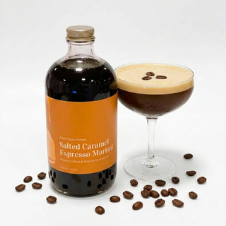 Salted Caramel Espresso Martini Mixer 16 oz glass bottle with orange label on a white background