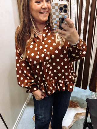 Brown Polka Dot Peplum Shirt (Collared Button Down)