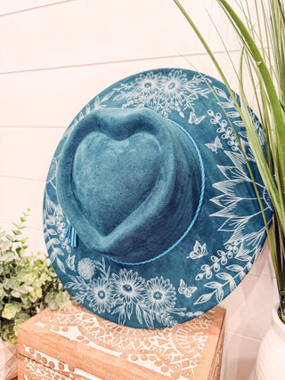 Floral print heart hat in vegan suede, charcoal and black options