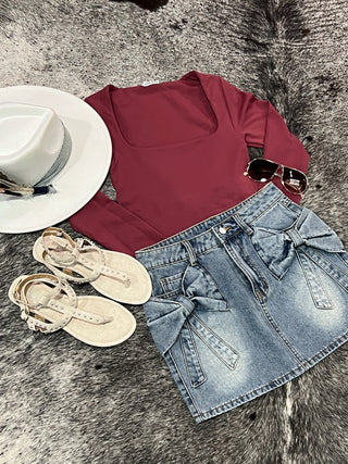 Bow Knot Pocket Denim Mini Skirt — Denim