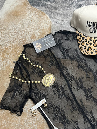 Black Sheer Lace Mesh High Neck Short Sleeve Layering Top from Jayden Layne size-inclusive boutique with western, denim, and boho style.