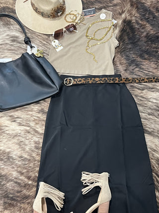 Satin Lace Hem Back Slit Pencil Midi Skirt