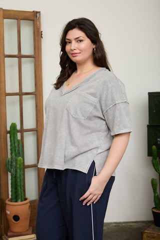 Plus washed exposed seam V-neck boxy knit top, fabric close-up