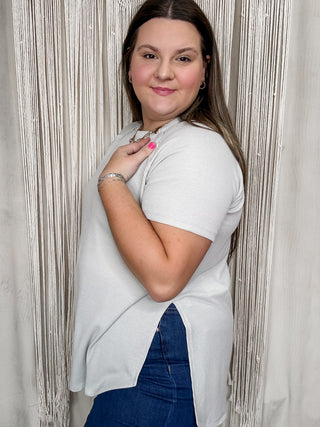 Curvy Light Grey Waffle Short Sleeve Top