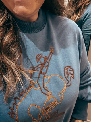 Bucking Horse Embroidered Blue Mockneck Sweater
