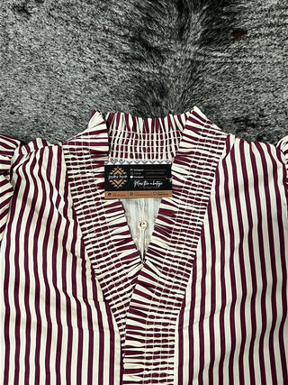 Plus Stripe Smocked V-Neck Puff Sleeve Top