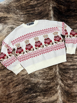Holiday Bear Motif Crew Neck Knit Sweater